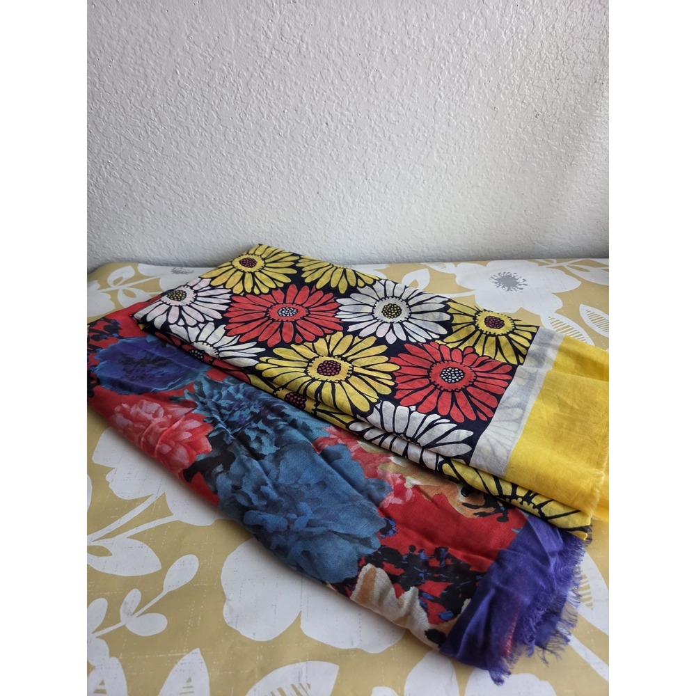 Talbots Scarfs Cotton Lot of 2 Yellow Flowers Purple Floral Preppy Elegant